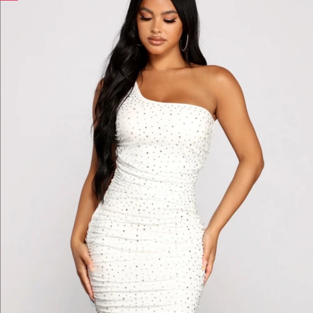 SPARKLE AND RHINE MESH MINI DRESS